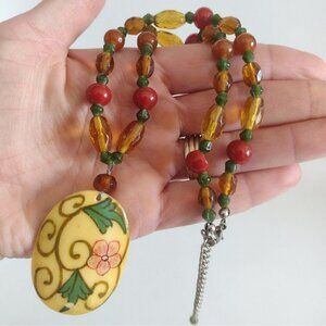 Vintage Heavy Plastic Beaded Necklace W/ Bone? Oval Handpainted Pendant Boho